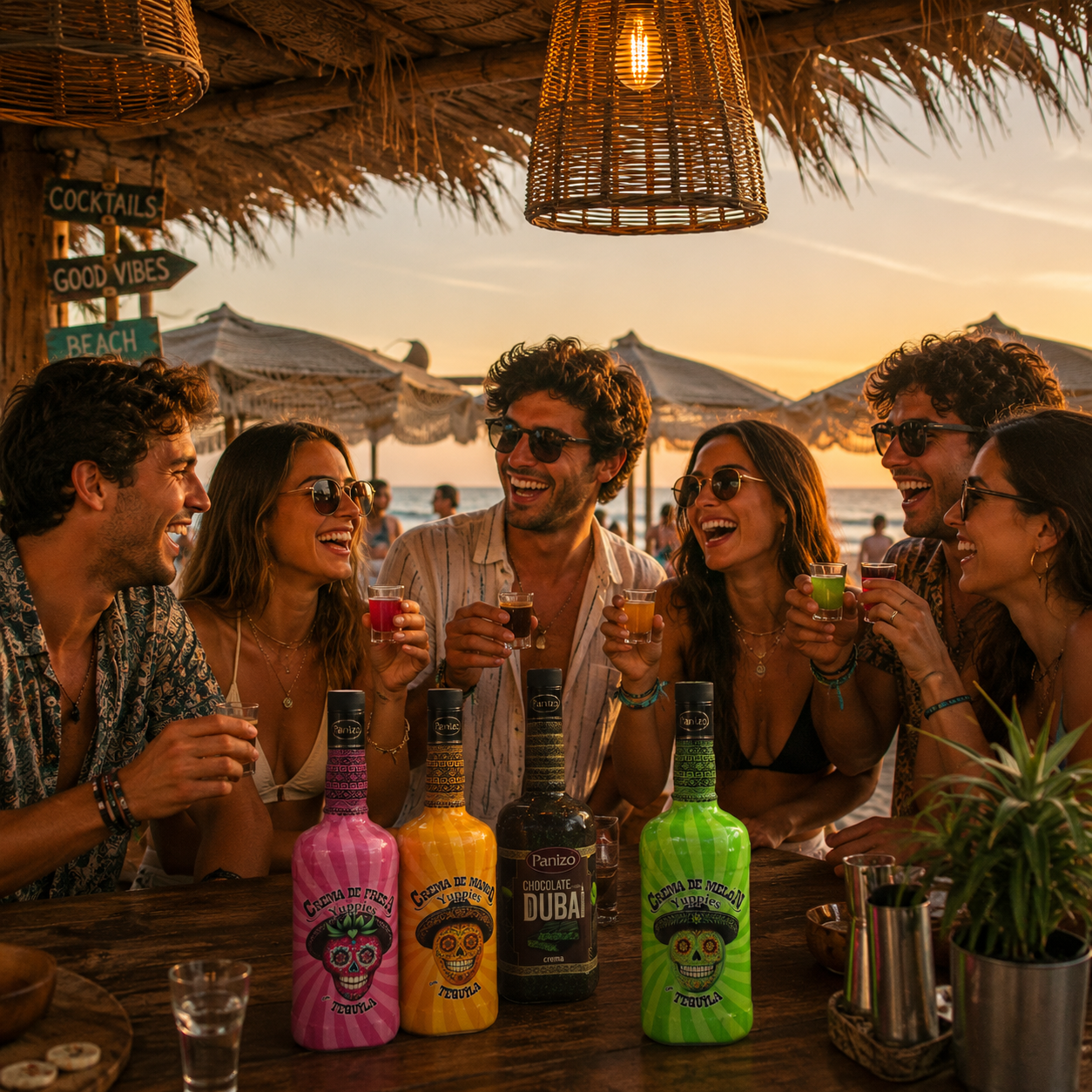 Amigos en la playa al atardecer con Chocolate Dubái y Tequila Yuppies