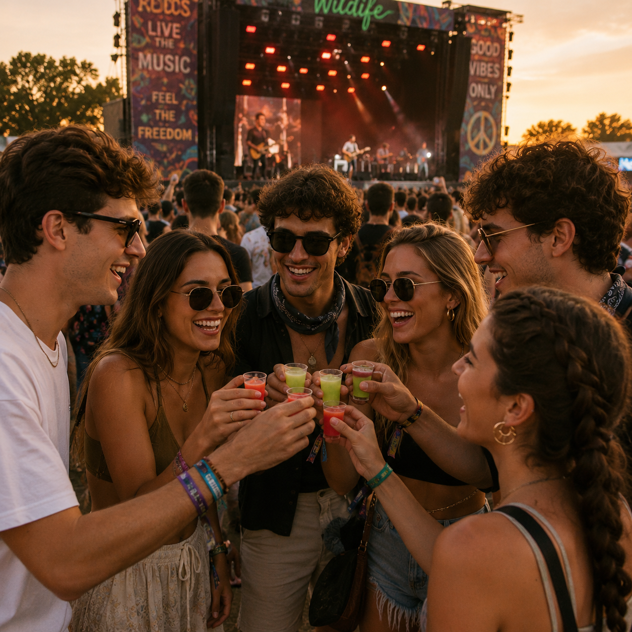 Grupo de amigos brindando con chupitos Yuppies en un concierto