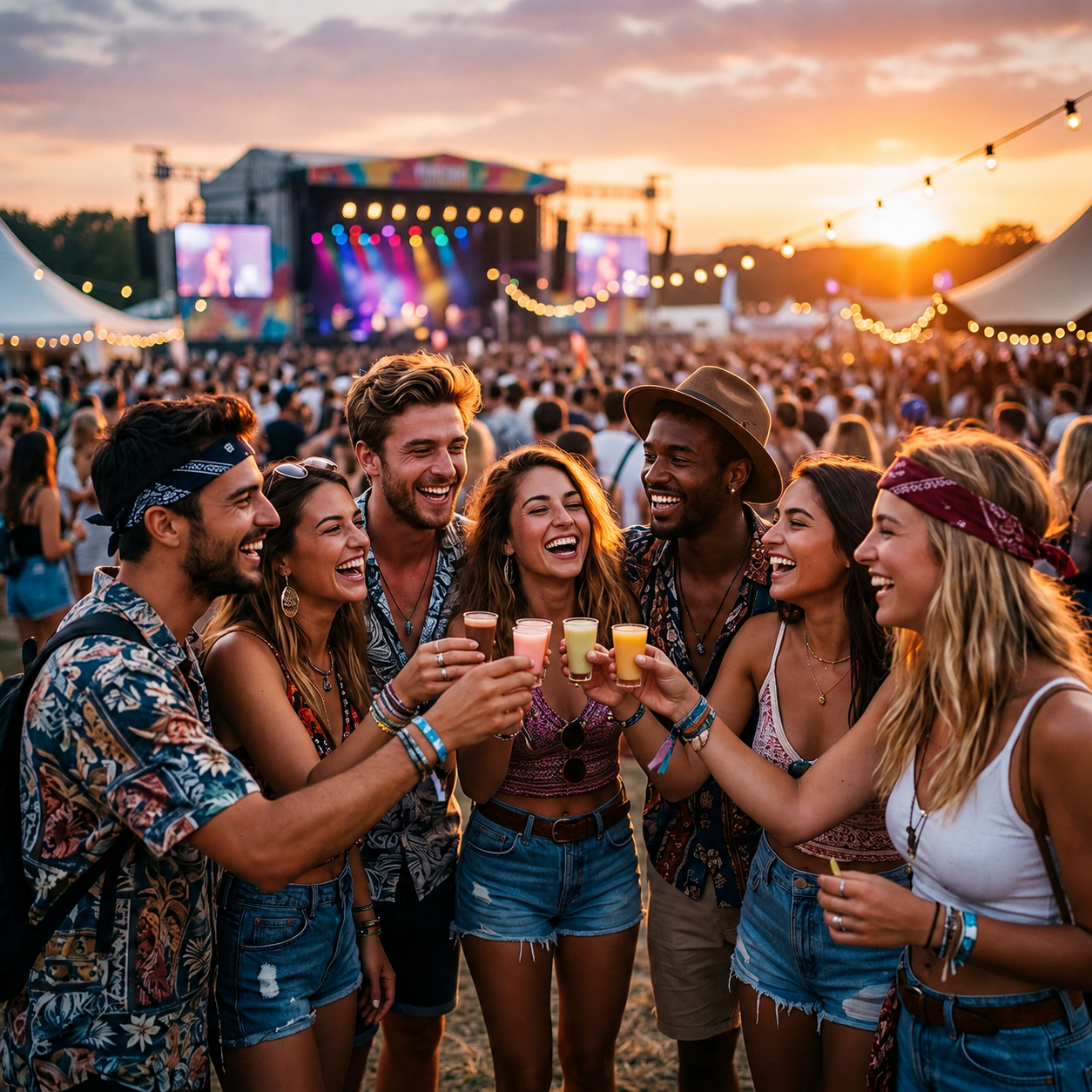 Amigos de fiesta en festival al atardecer