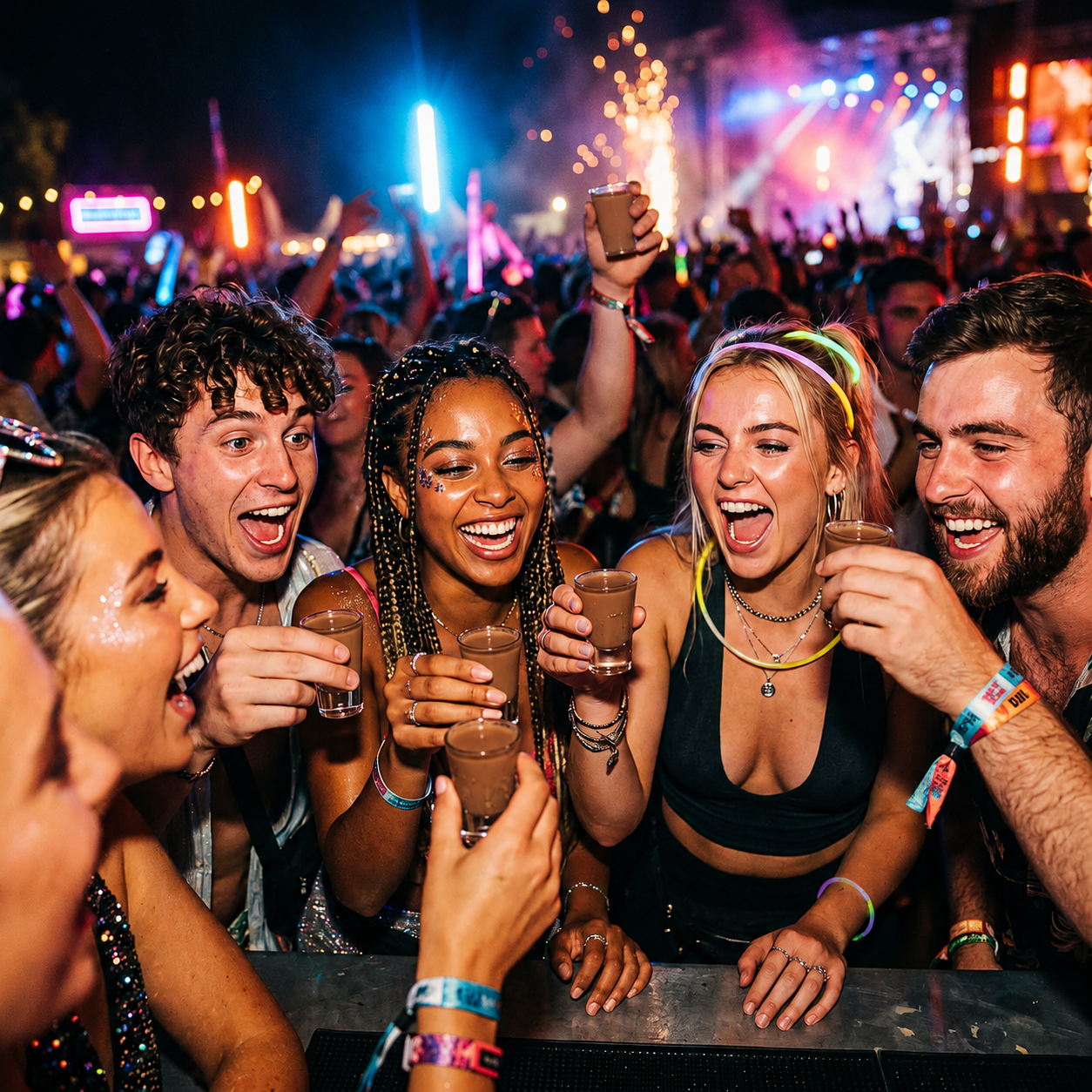Gente joven en festival con chupitos de crema Yuppies y Chocolate Dubái